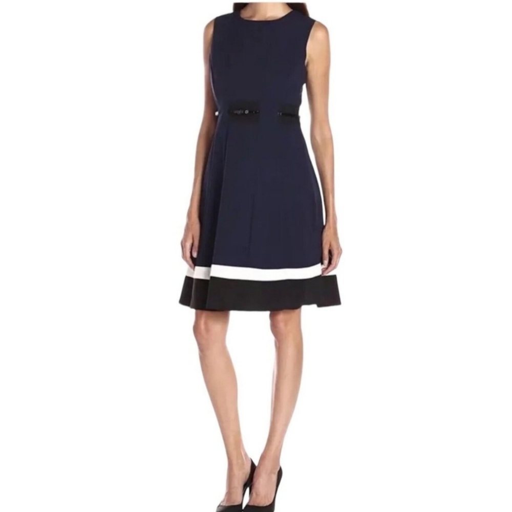 Calvin Klein size 6P Navy Black belted Fit and Flare Dress